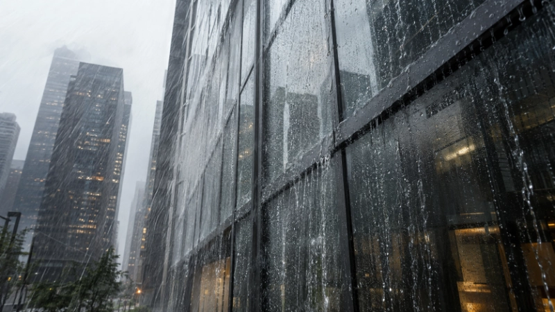 Pressure-equalized curtain wall drainage system for wind-driven rain